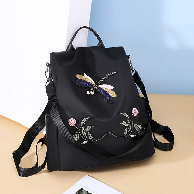 Fashion Embroidery Dragonfly Women Backpack High Quality Waterproof Oxford Shoulders Bag Female Casual Anti-theft Travel Handbag