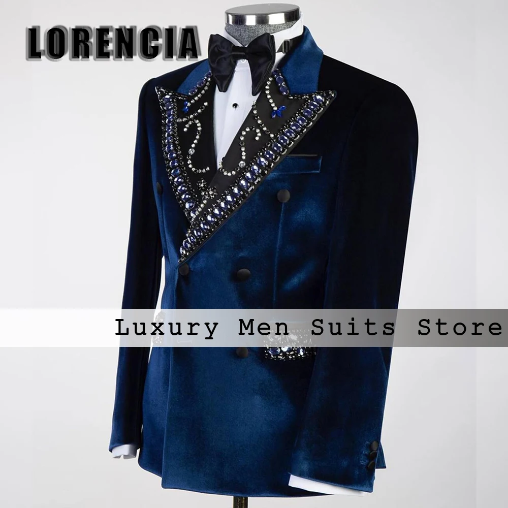 

Luxury Crystal Suits for Men 2 Pieces Double Breasted Velvet Tuxedo Wedding Men Clothing Customized Blazer Pants costumes homme