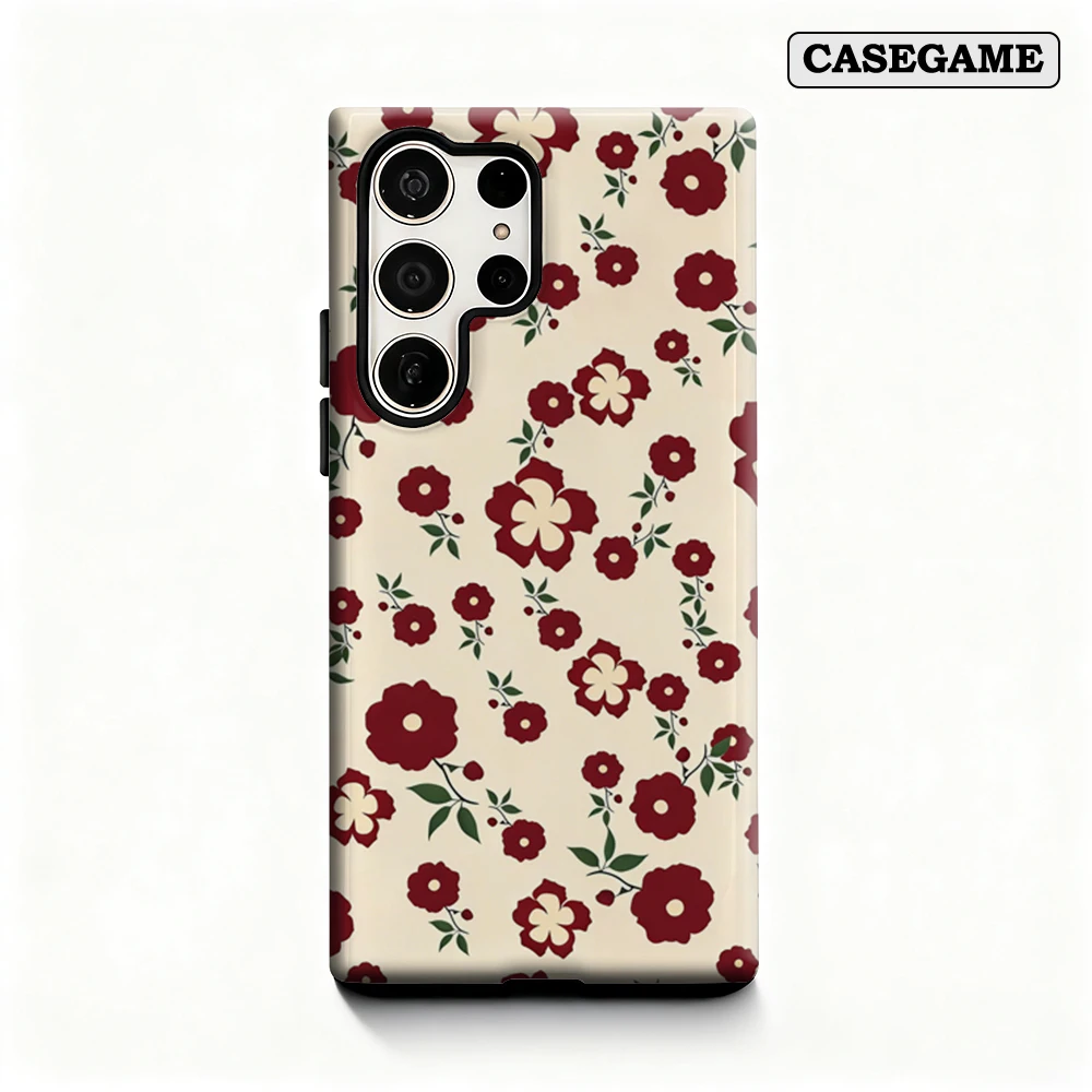 Casegame Phone Case for Samsung Galaxy S26 S25 Ultra S24 S23 Plus Shockproof Double Layer Tough Back Red Beige Floral Cover