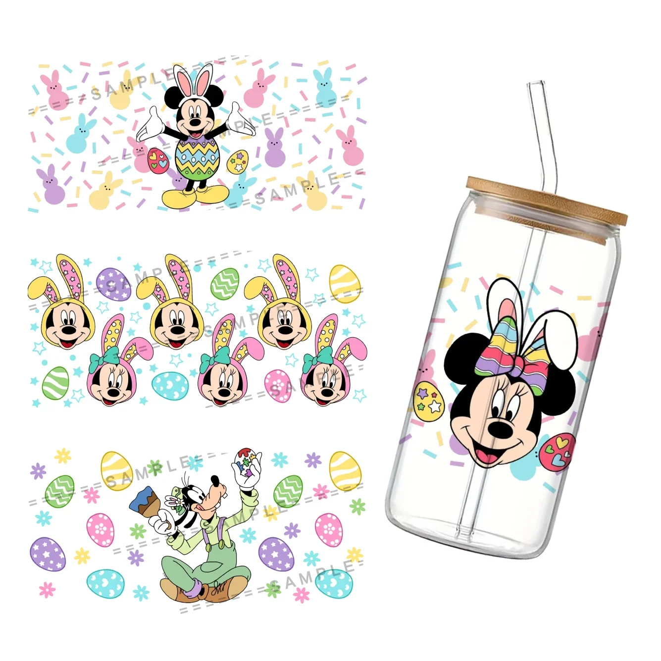 Easter Disney Mickey 3D防水転写ステッカー、16オンスのlibeyガラス用uv dtfカップラップ、DIY