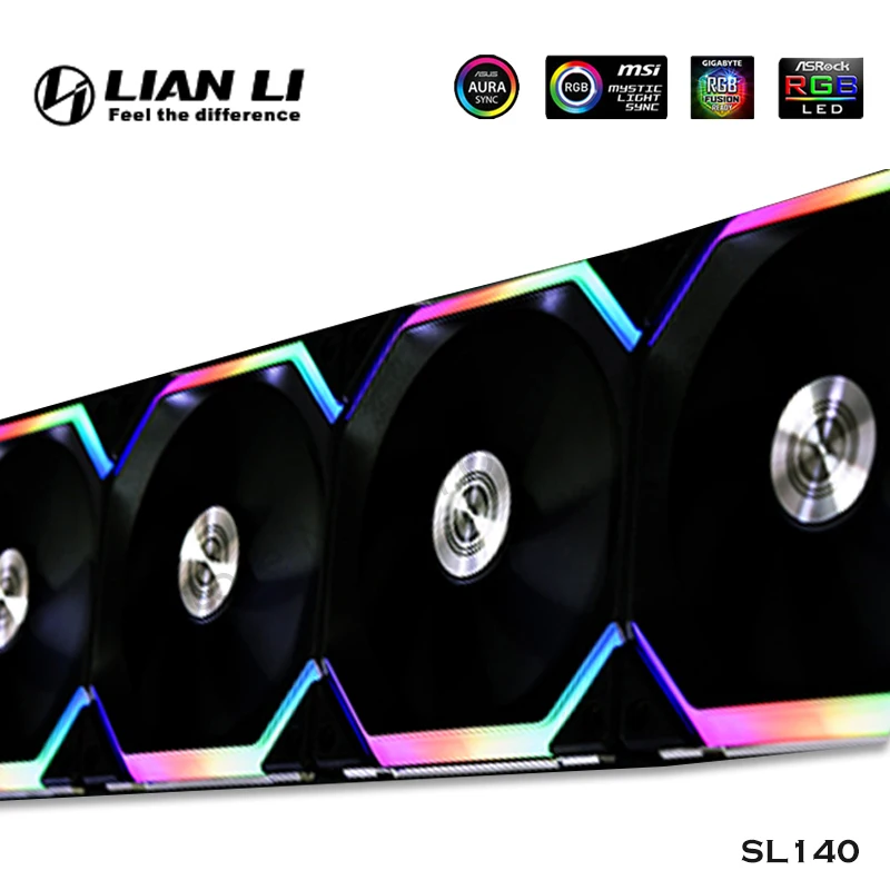 LIAN LI UNI Fan SL140 V1 مروحة مشعاع تبريد المياه للكمبيوتر المعياري 140 مم، تحكم PWM بدون كابل 5 فولت ARGB أسود أبيض، 2 قطعة/الحزمة