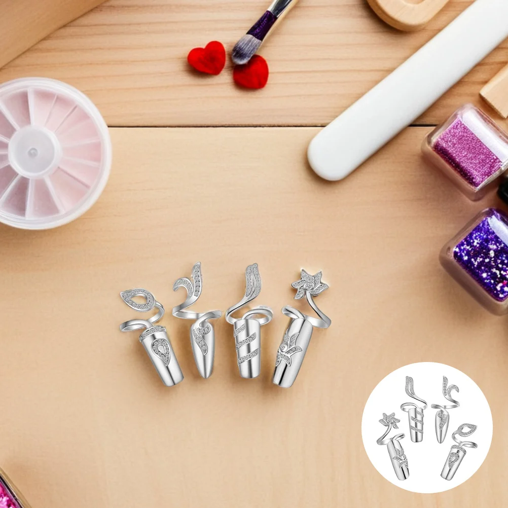 

4Pcs Women Nail Rings Rhinestone Decorated Alloy Finger Tip Rings Elegant Hand Jewelry Fashion Nail Art Accessories for Party