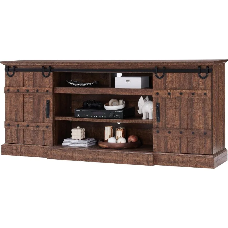 

75" Farmhouse TV Stand for TVs Up to 85 Inches, Large Rustic Entertainment Center with Sliding Barn Door, Tall Highboy Media