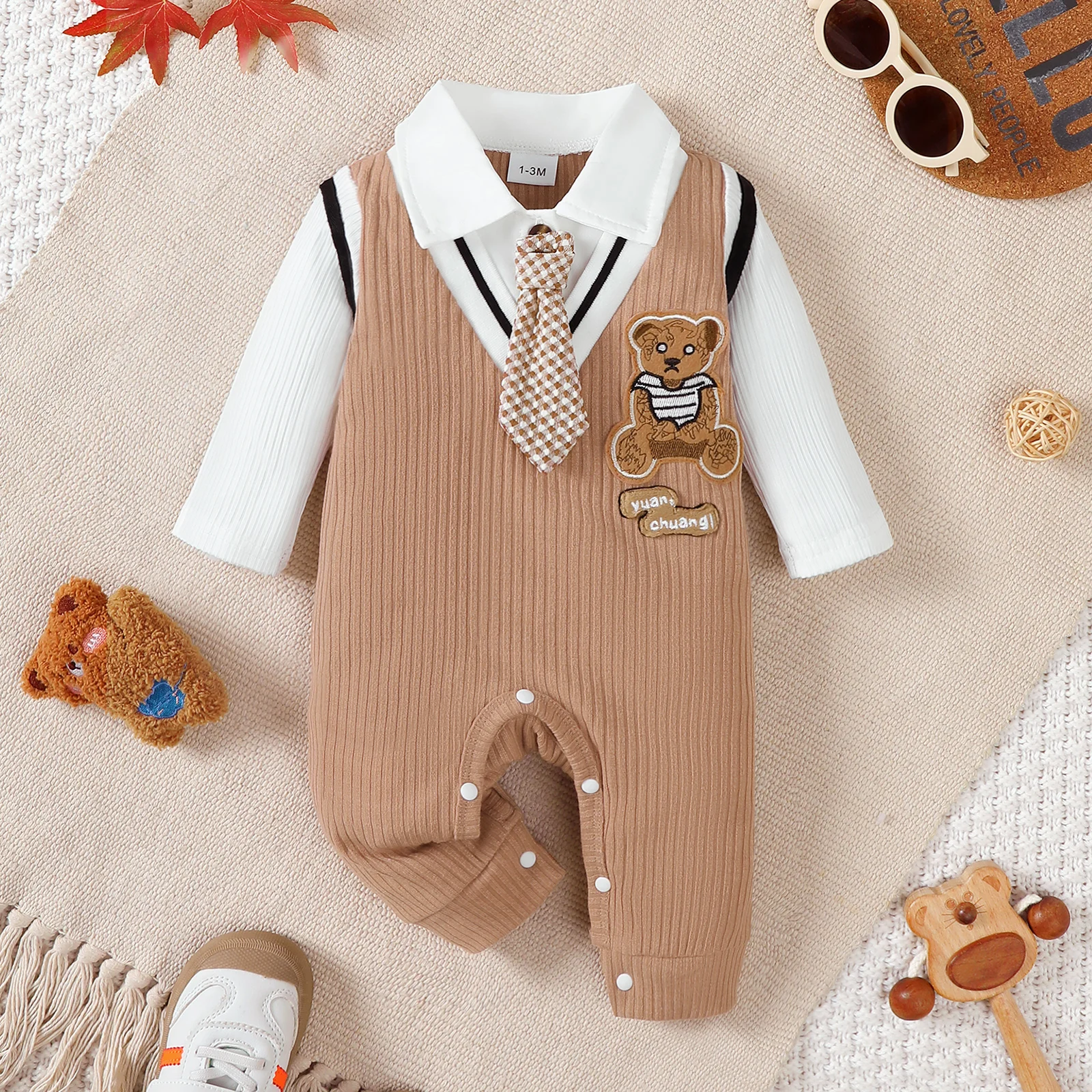 Baby Boy Small Gentleman Jumpsuit Cartoon Teddy Bear Long Sleeves Jumpsuit for 0-18 Month Baby Boys' Birthday Party Costumes