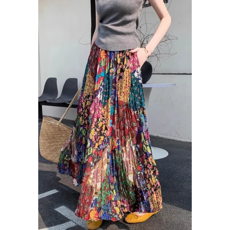 

Fashionable Commuter Versatile New Skirt Women's Colorful Floral Retro High-waisted Long Skirt