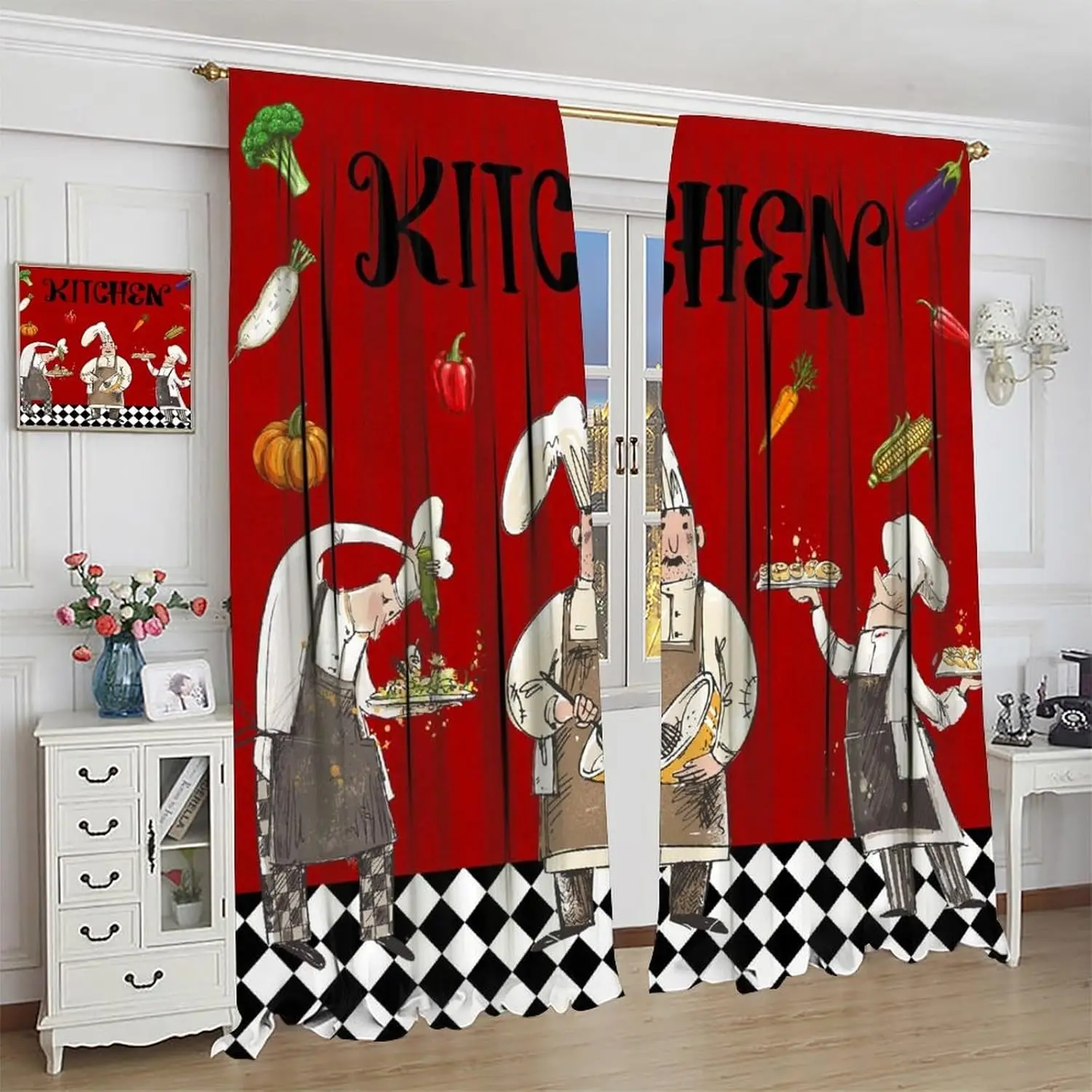 

Chef Cooking Curtains for Kitchen,R Cartoon Rustic Vegetable Fruit Lattice Pastry Fat Chef Carrot Corn Gourmet Cookware Window