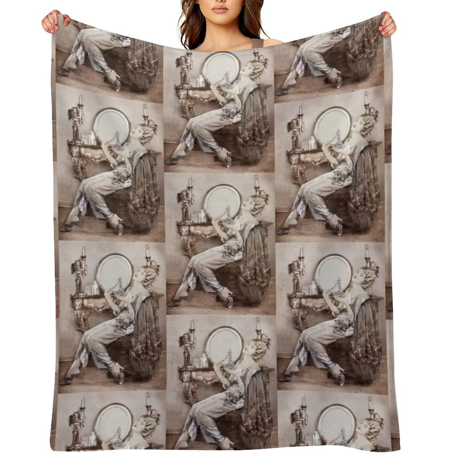 

Vintage Glam Gal with Bottle of Perfume Throw Blanket Flannel Hair warm winter Softest Blankets