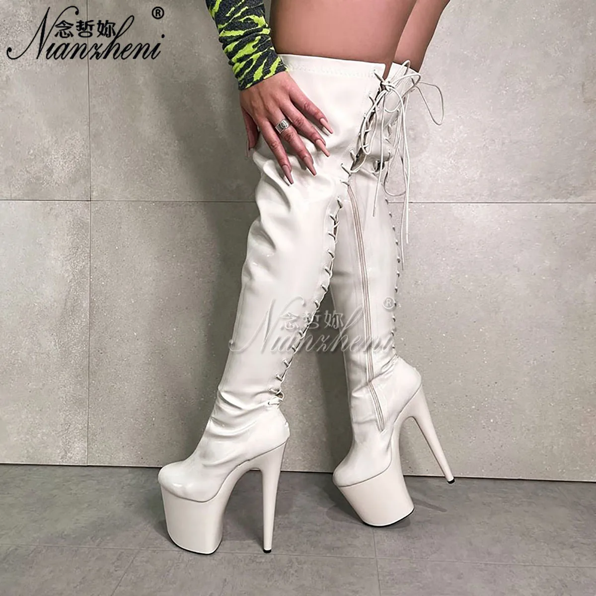 Exotic Dancer Sexy Over-The-Knee Lace-Up Boots 20cm Stiletto Heels 8-Inch Platform High Heels Lighter Pole Dance Combat Shoes