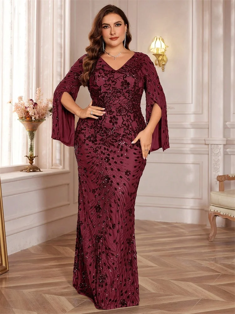 Lucyinlove Plus Größe Luxus Schwarz Abendkleider Frauen Schlitz Langarm Meerjungfrau Formale Pailletten Hochzeit Party Cocktail Kleider – Detail 28