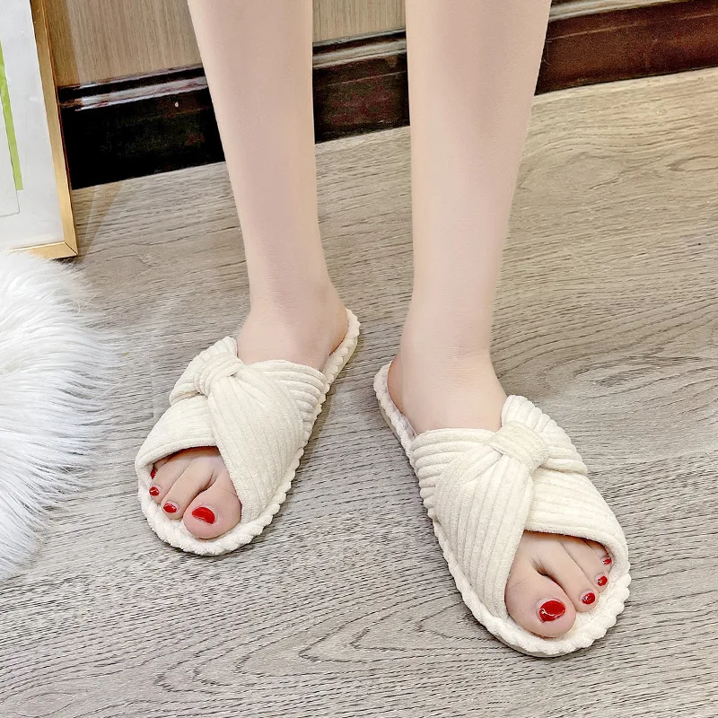 Women Fashion Corduroy Cross Slippers Cute Butterfly-Knot Home Slides Flat Indoor Floor Flip Flops Outdoor Casual Ladies Slipper