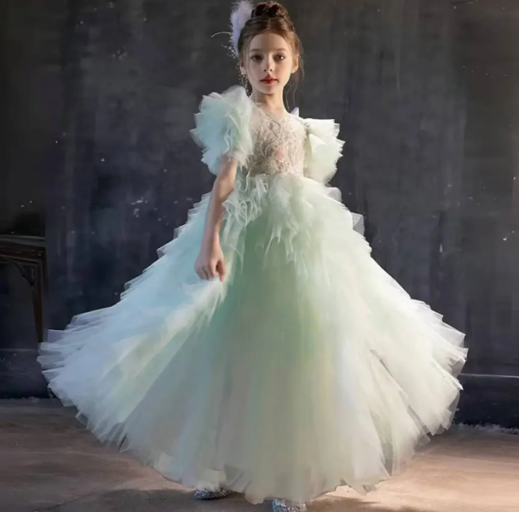 

Elegant Sage Green Flower Girl Dress Arabic Princess Kids Wedding Birthday Party Gowns vestidos de novia
