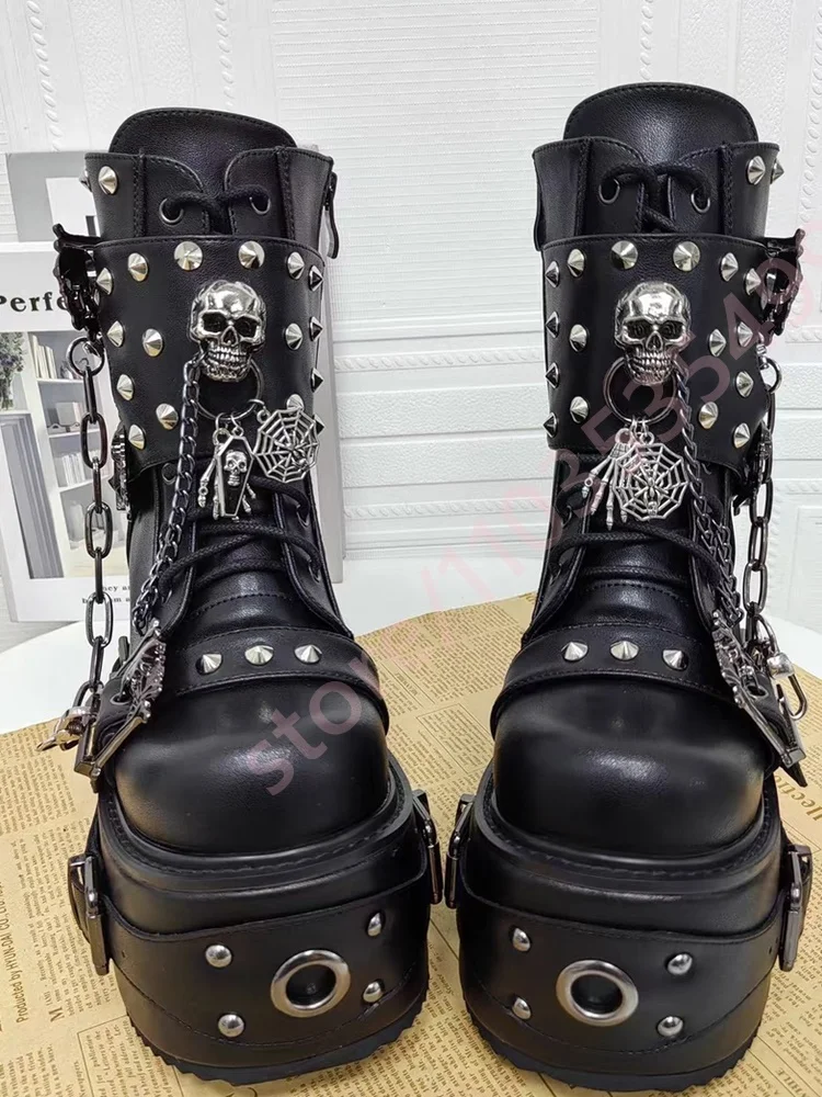 202 New Punk Style Platform Boots Women Black Metal Chain & Studs Decor Chunky Heel Boots Fashion Gothic Rock Motorcycle Boots