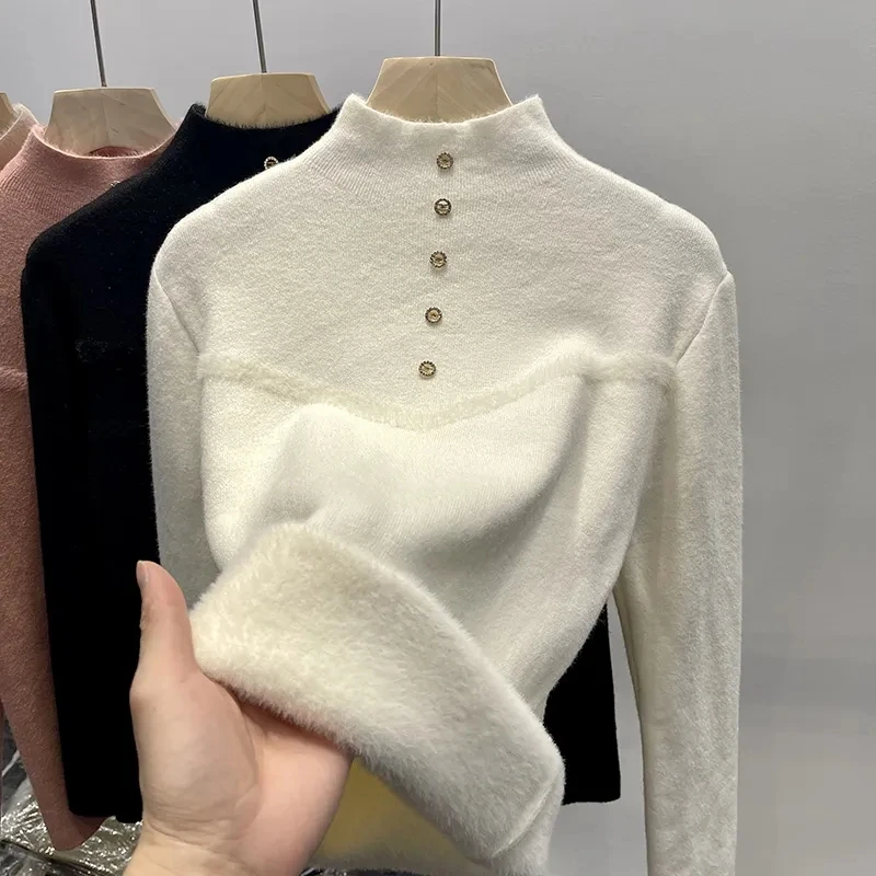 Turtleneck Winter Sweater Women Elegant Thicken Velvet Lined Warm Sueter Knitted Pullover Slim Tops Jersey Knitwear Jumper New