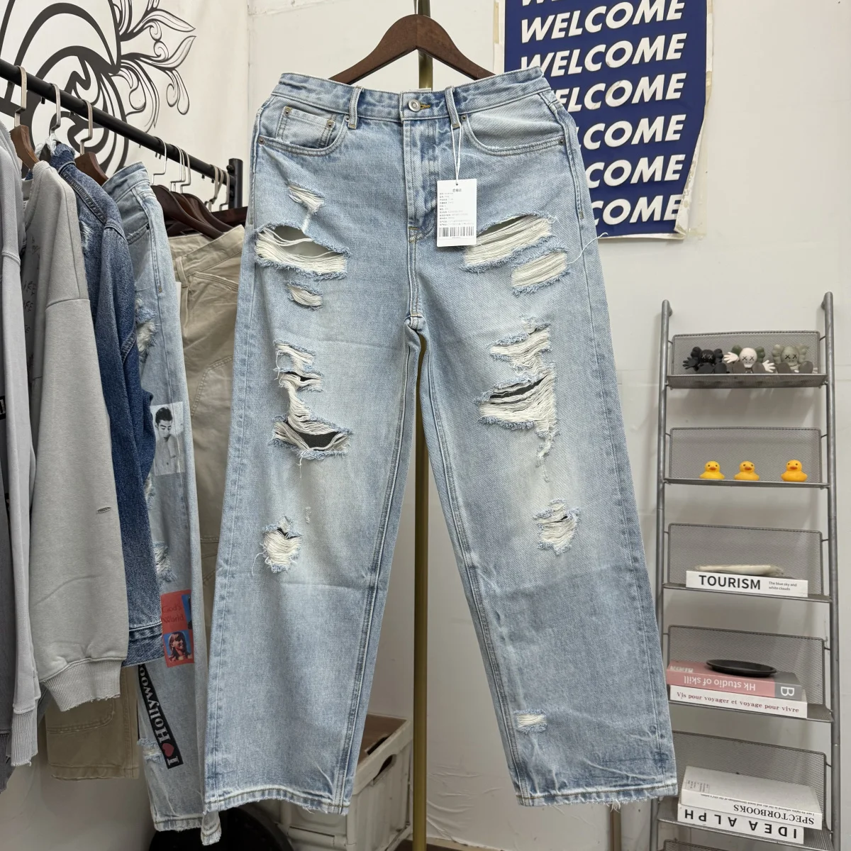 

Retro Waed Heavy Du Autumn Winter Men's Wide Leg Jeans Tear Hole Straight Cut Denim Pants ex Torn Knife Cut Jeans