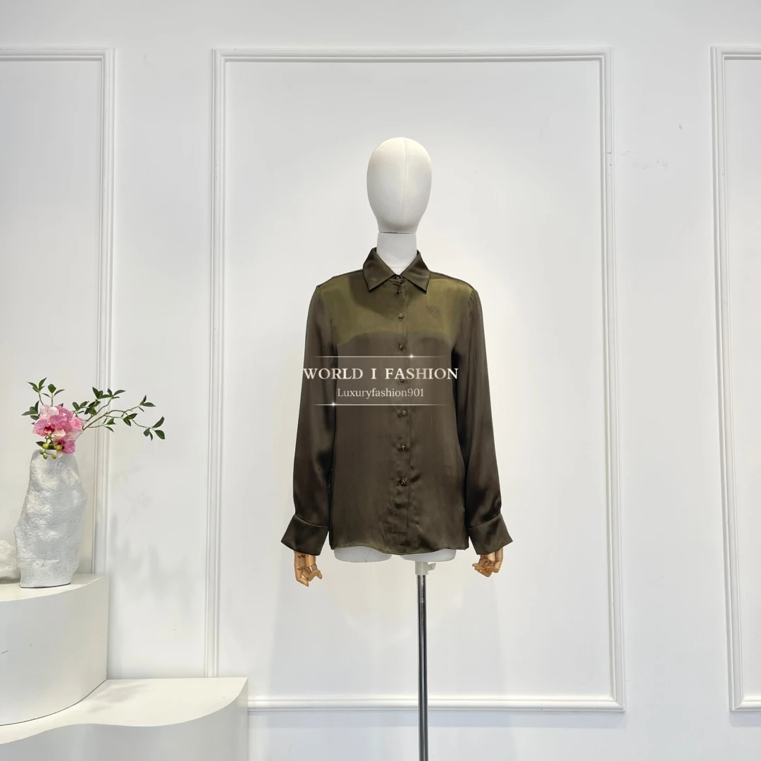 Langarm-Satin-Bluse, Tops, hohe Qualität, 2025, neue Mode, Rot, Braun