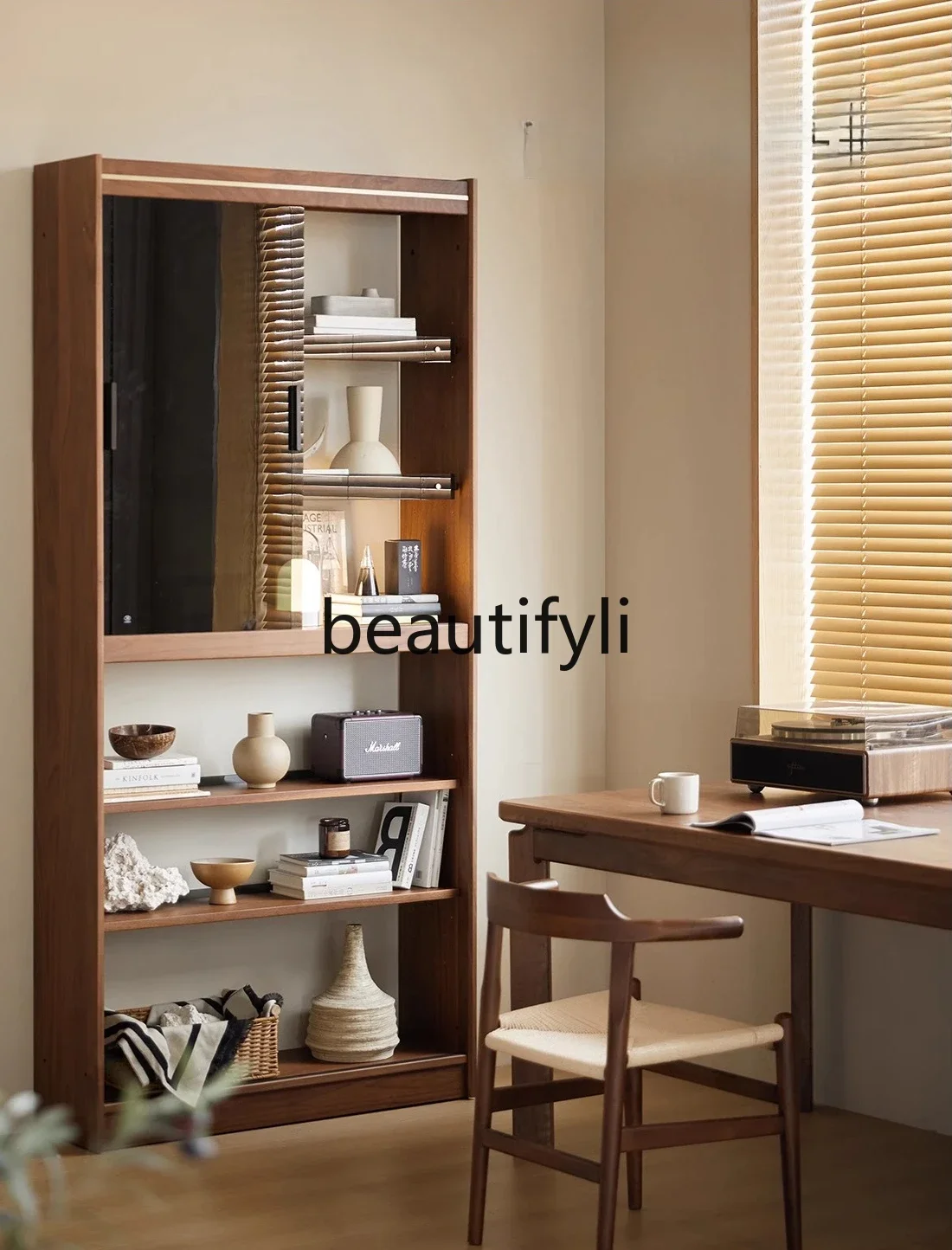 

Solid wood bookcase integrated whole wall black walnut bookcase with glass door locker floor display cabinet8076