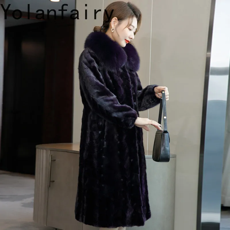 YOLANFAIRY Winter 100% Mink Real Fur Coat Women Fox Fur Collar Long Pieced Mink Fur Coats and Jackets 6XL Outerwear 106-109cm