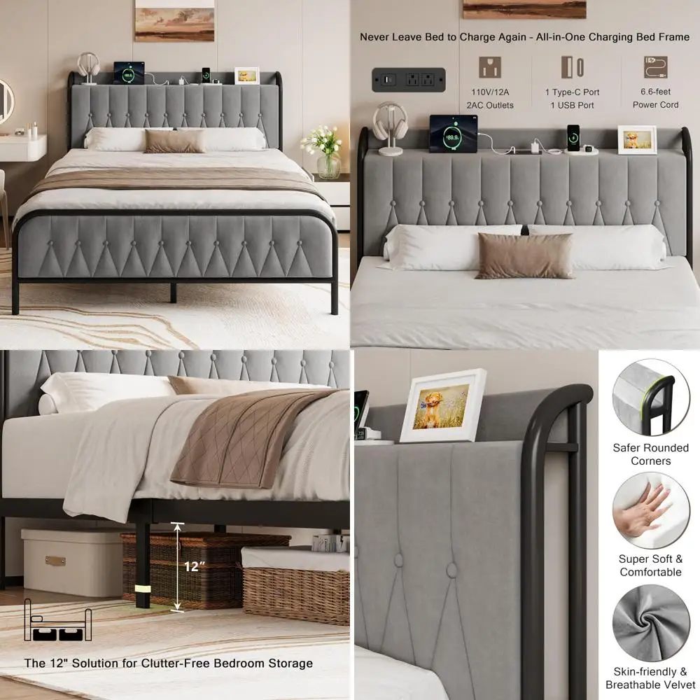 Queen Size Velvet Platform Bed with Upholstered Headboard, Footboard Storage, and Built-in Charging Station