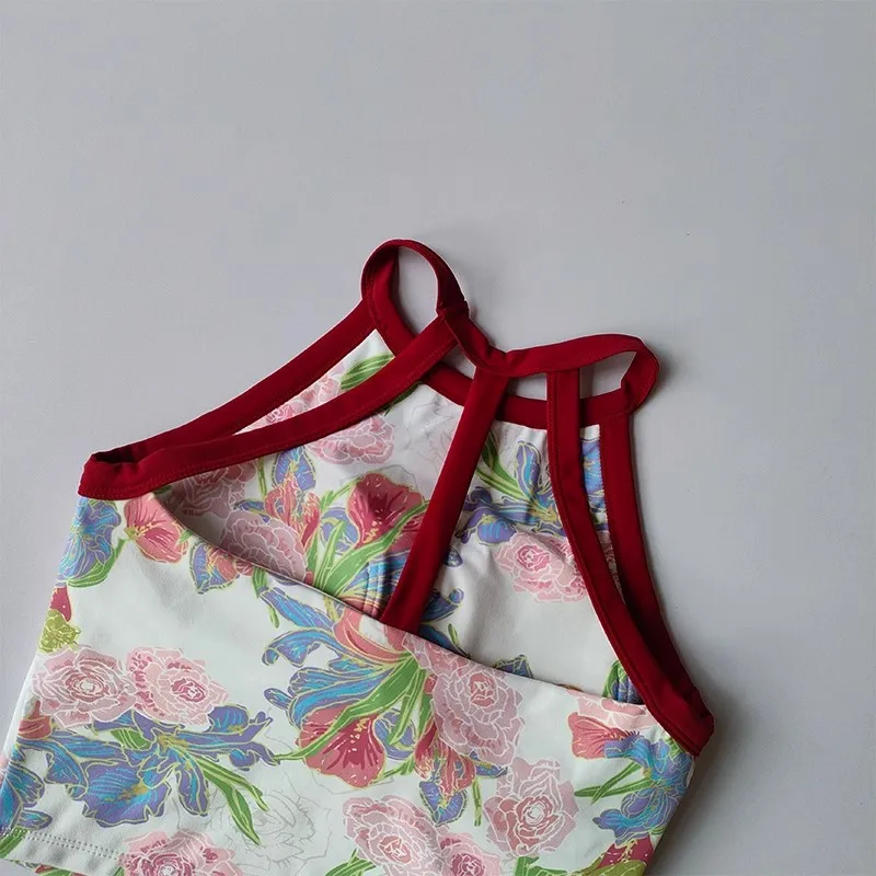 جديد الراقية اليوغا الملابس الداخلية النسائية قطعة واحدة كوب ثابت ملابس داخلية مقاومة للصدمات جمع مثير مطبوعة واسعة حزام الكتف سترة