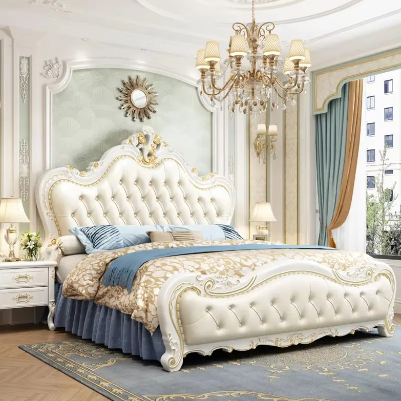 

European Elegant Wood Double Bed Frame Oak Carved Princess White Luxury Queen Bed Frame Storage Cama De Casal Furniture Home