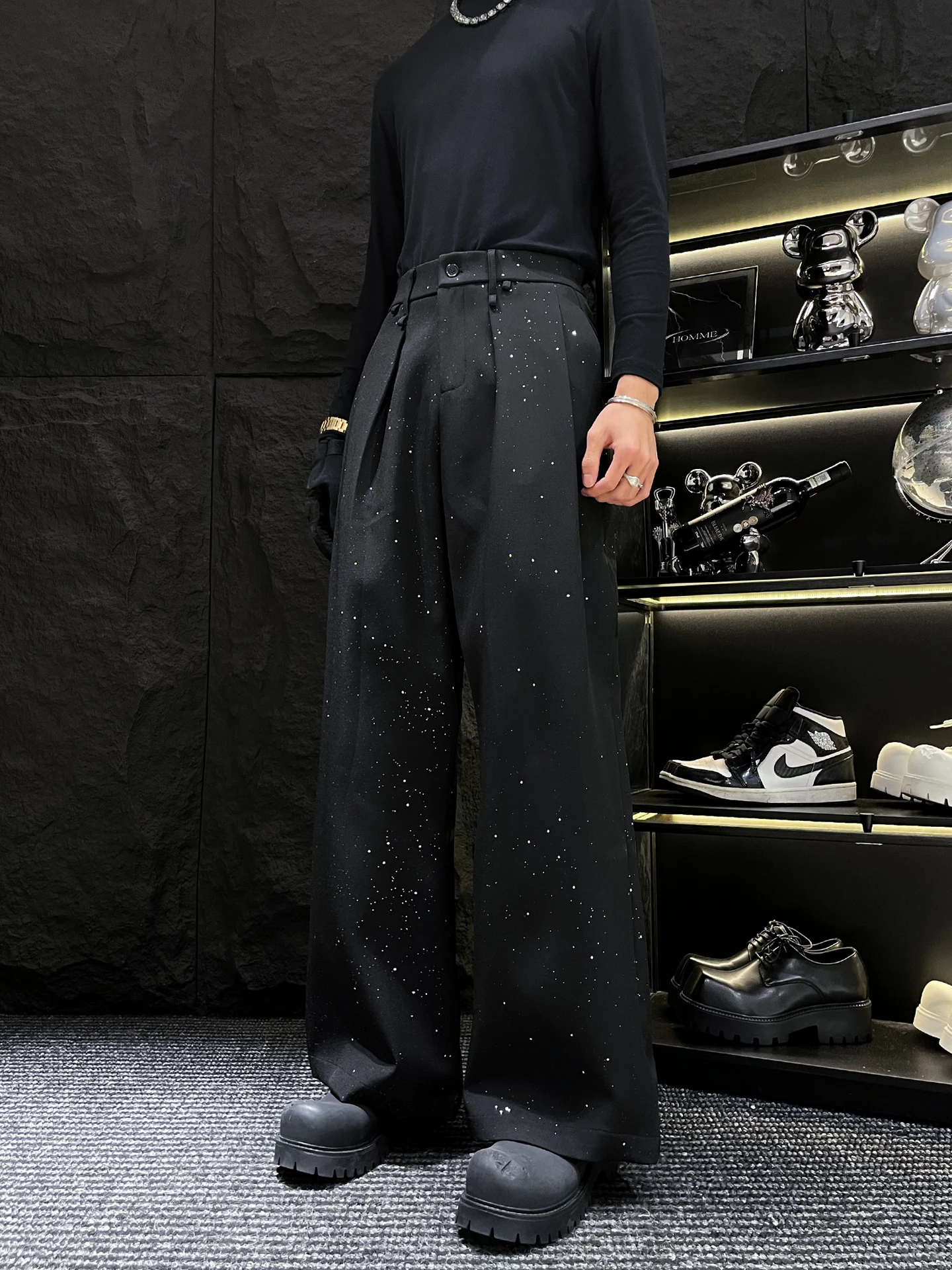 

Homme Men's Glittering Bell Bot Pants High Waist Straight Leg Golden Emed Casual Trousers Faionable Spring Long Pants