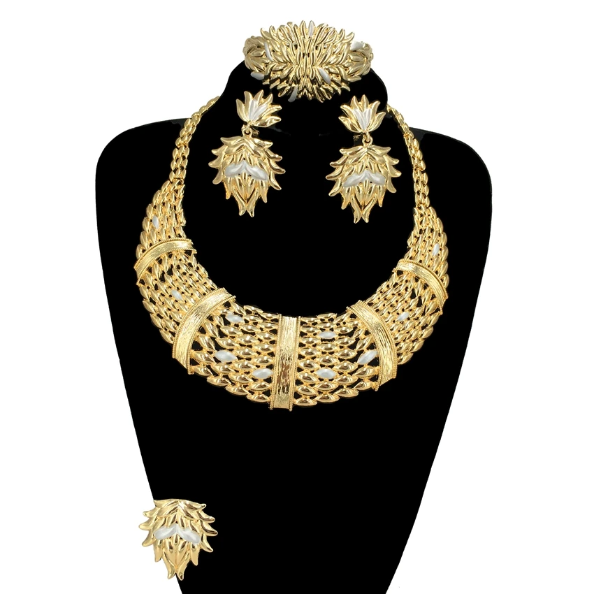 

Dubai Real Gold Plated Jewelry Set for Women Italian African Big Necklace Bangle Earrings Ring 4 Piece Full Sets FHK14953