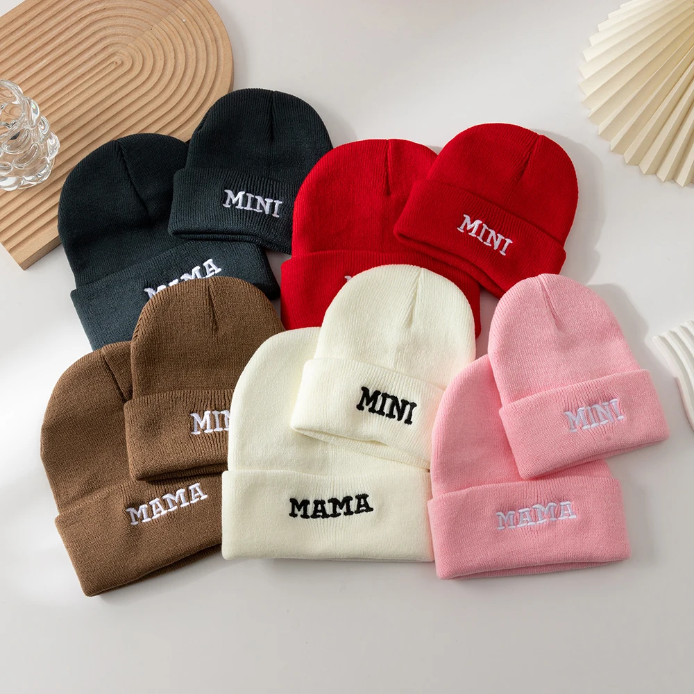 

2 pcs winter hat MAMA MINI knitted hat with letter embroidery for outdoor sports, suitable for both Parent-child，boy and girls