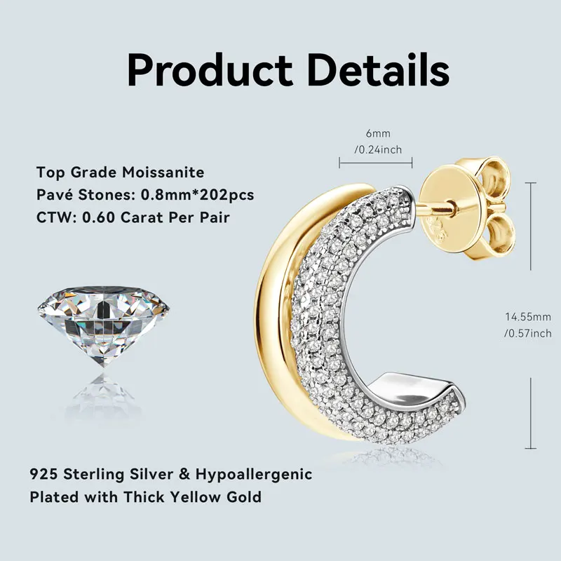 2024 Pave Moissanite Piercing Stud Earrings 925 Silver for Women Gifts Personality Punk C-shaped Earring Double Open Hoops GRA