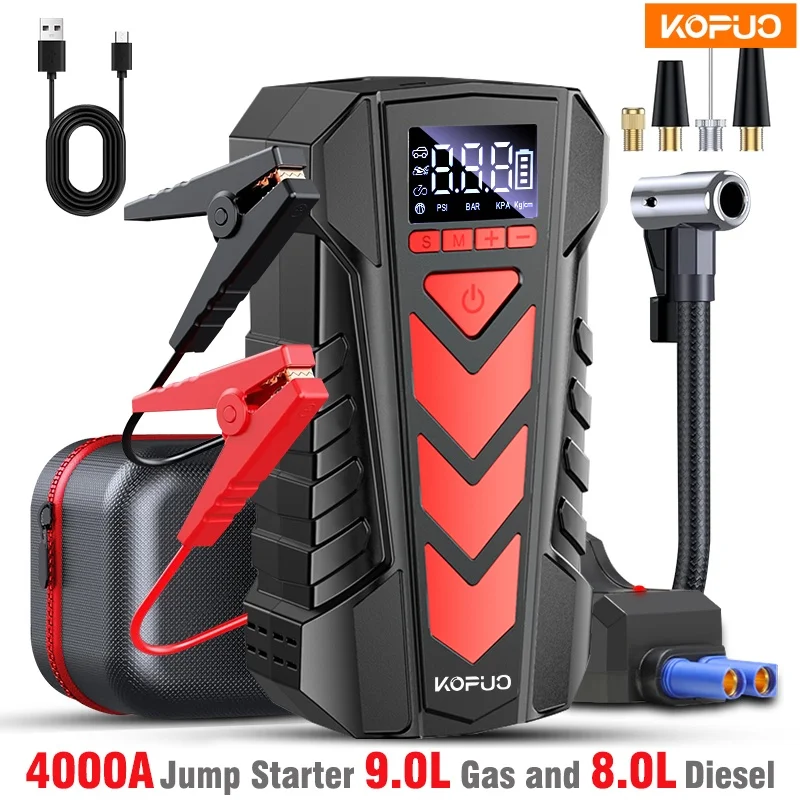 

9-in-1 Car Jump Starter w/Smart Safety Clamps (-40°C) 4000A for 9.0L Gas/8.0L Diesel +150PSI Inflator, 3-Mode LED, 12V Charger |