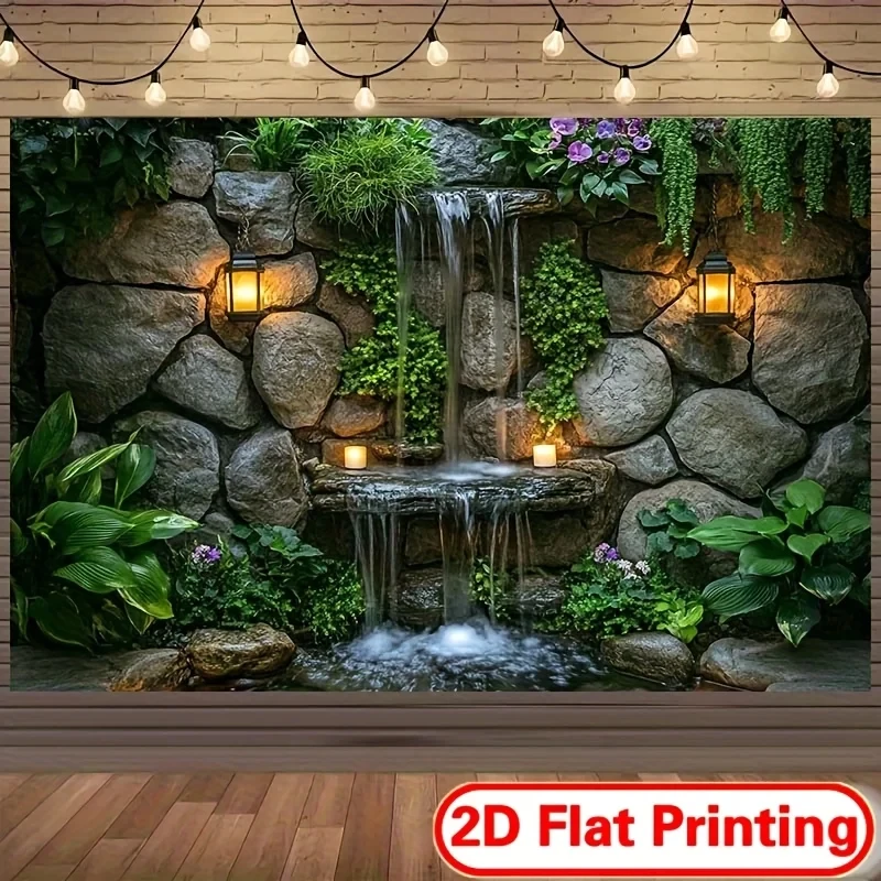 VIKAMA Wandteppich mit Wasserfall-Gartenmotiv, Steinmauer, grüne Pflanze, Naturlandschaft, Wandbehang, ästhetische Dekoration für Schlafzimmer und Wohnzimmer
