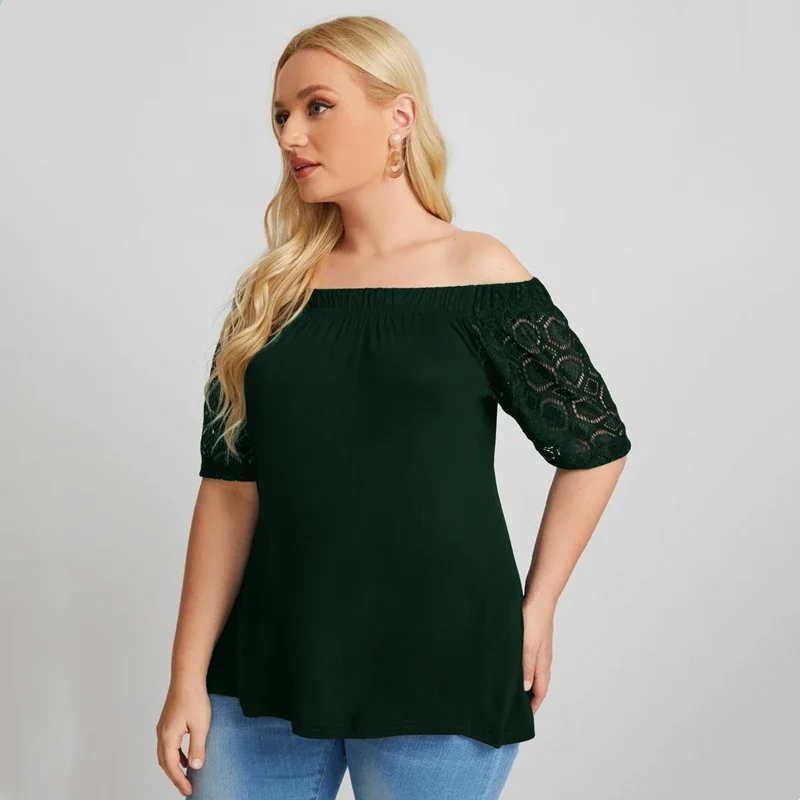 Plus Size Sexy Slash Neck elegante Summer Top donna pizzo Patchwork mezza manica camicetta Casual t-shirt Tee Plus Size abbigliamento 6XL