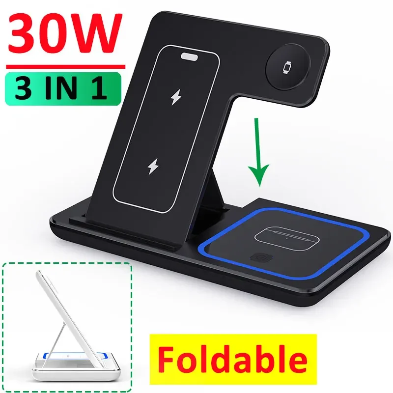 30W Foldable Wireless Charger Stand Pad For iPhone 15 14 13 12 Apple Watch iWatch 8 7 Airprods 3 in 1 Fast Charging Dock Station