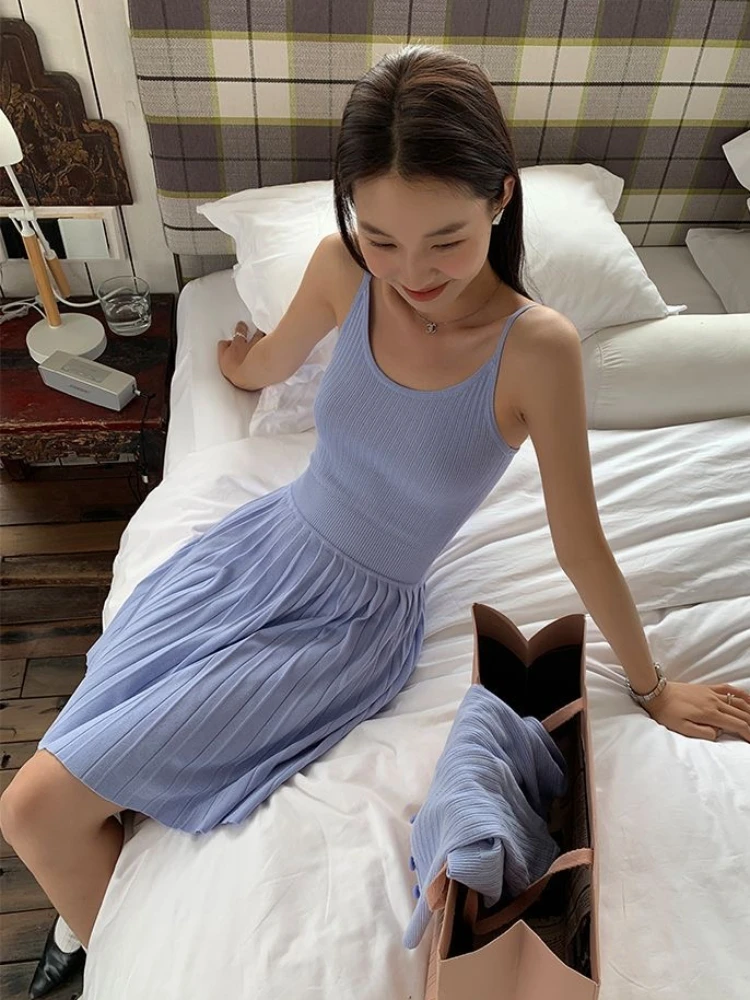 Pleated Dresses Women Slim Summer Korean Style Solid Suspender Knitwear Youthful Vitality Holiday Hotsweet Stretchy Daily Street