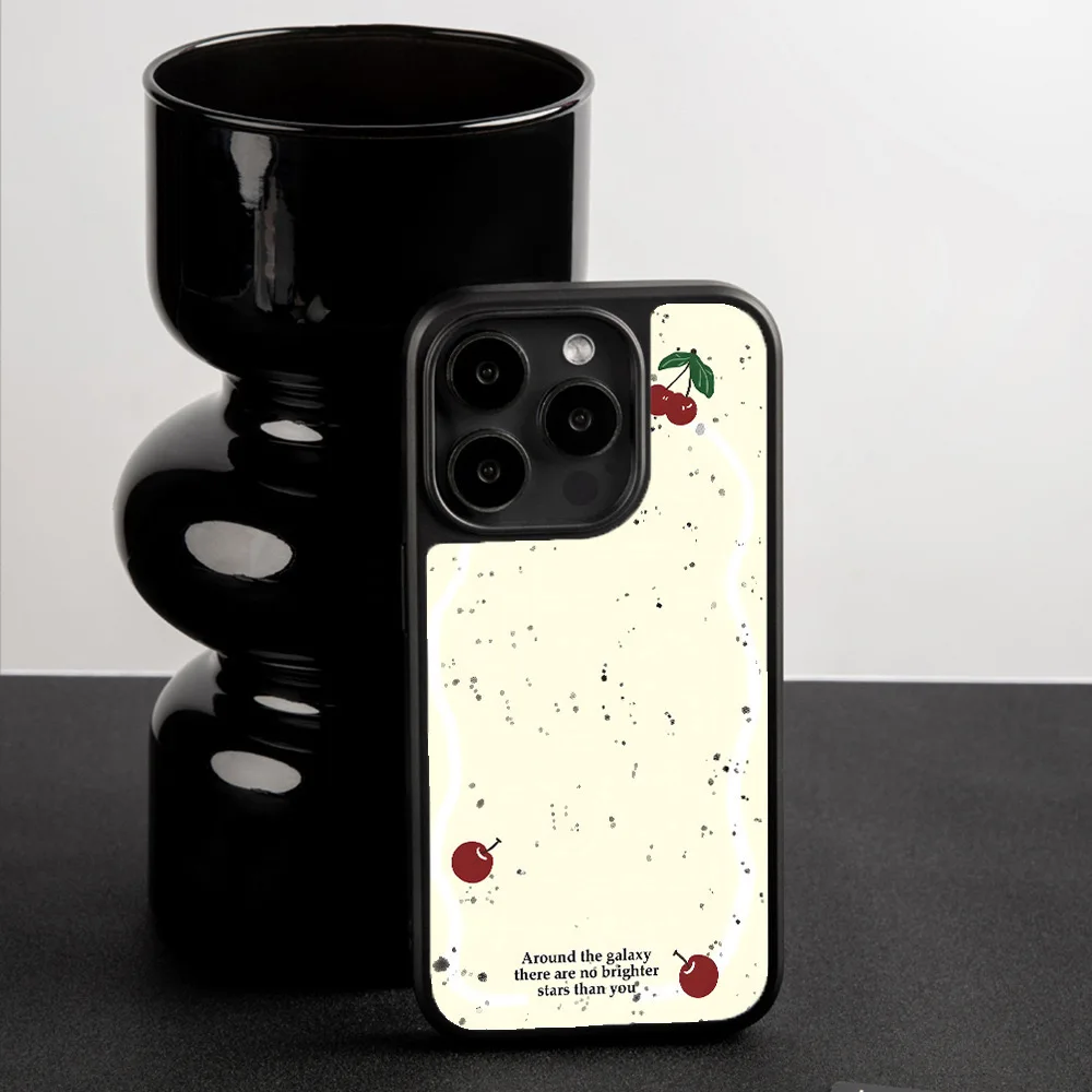 Ink Splashed Cherry Illustration with Black Frame Case for IPHONE 16 ProMax 15 14 13 12 11 PRO Plus Acrylic Mobile Phone Cases