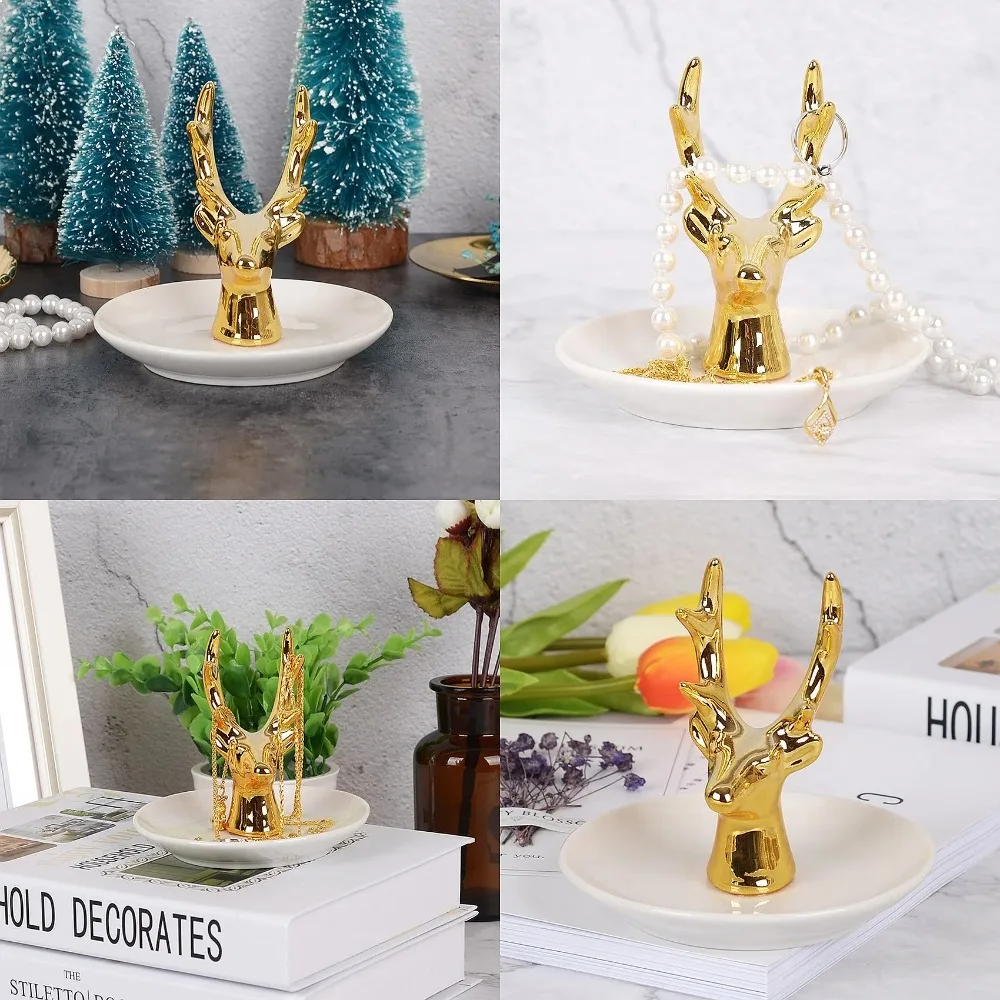 Nordic Ceramic Deer Head Jewelry Organizer Tray, Gold Ring Holder Display