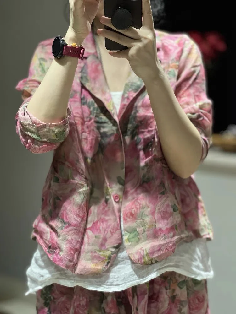 

Новый китайский женский костюм из хлопка и льна с принтом, летний, в стиле ретро, национальный стиль, платье-рубашка с длинным рукавом, премиум-класса