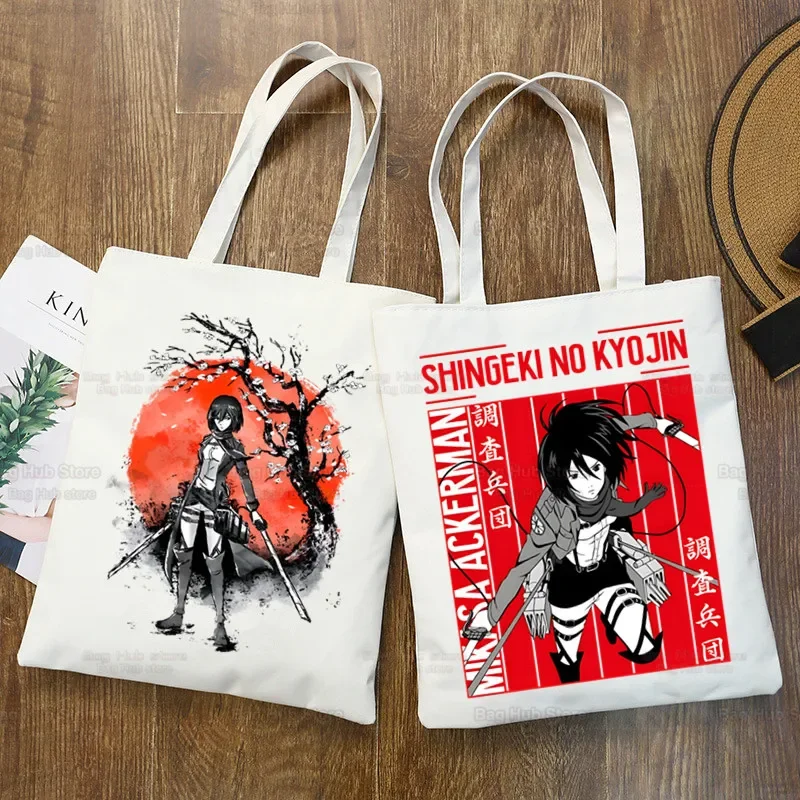 Mikasa Ackerman Canvas Shopping Bags Print Tote Bag Eco Reusable Shopper Bag Canvas Shoulder Bag Large Handbag Men Unisex Bags