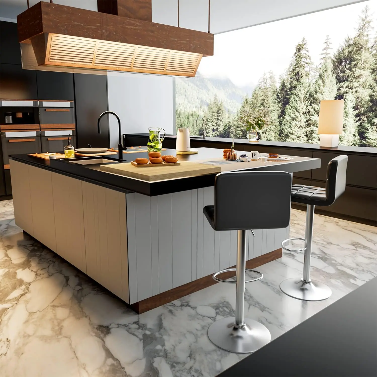 Modern Adjustable Swivel Bar Stools, PU Leather Armless Hydraulic Kitchen Counter Stool with Back Support, Set of 2 in Black