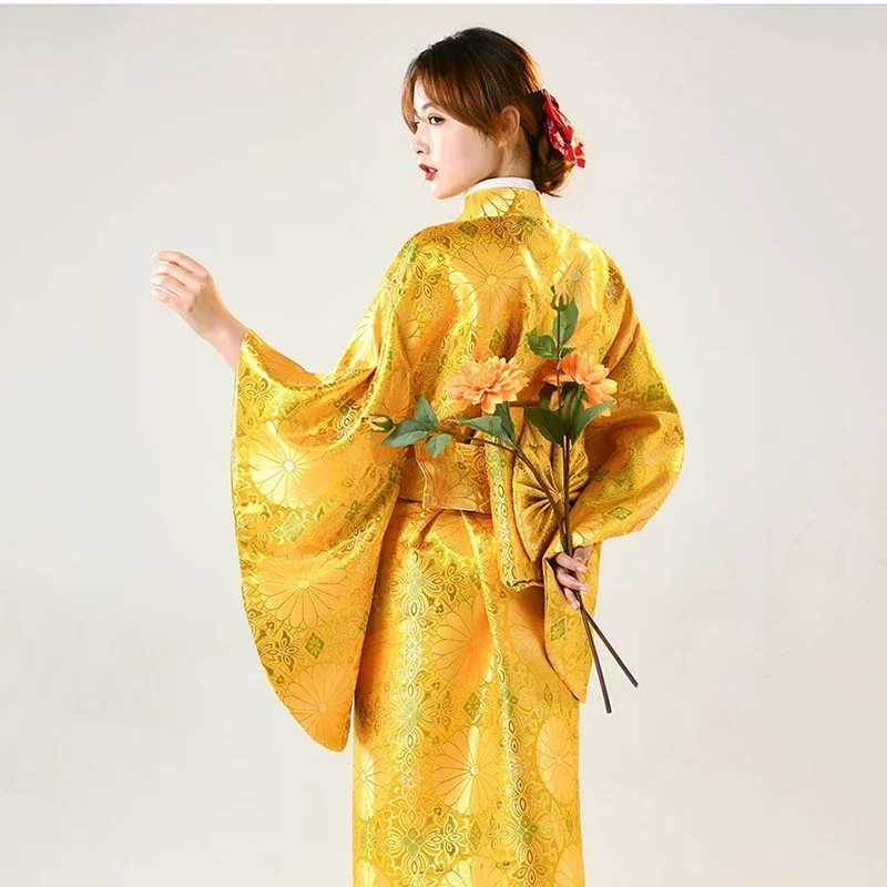 Gold Silk Brocade Japanese Kimono Women Formal Wear Traditional Improved Kimono Yukata Stage Anime Flower Loose Oiran Costume