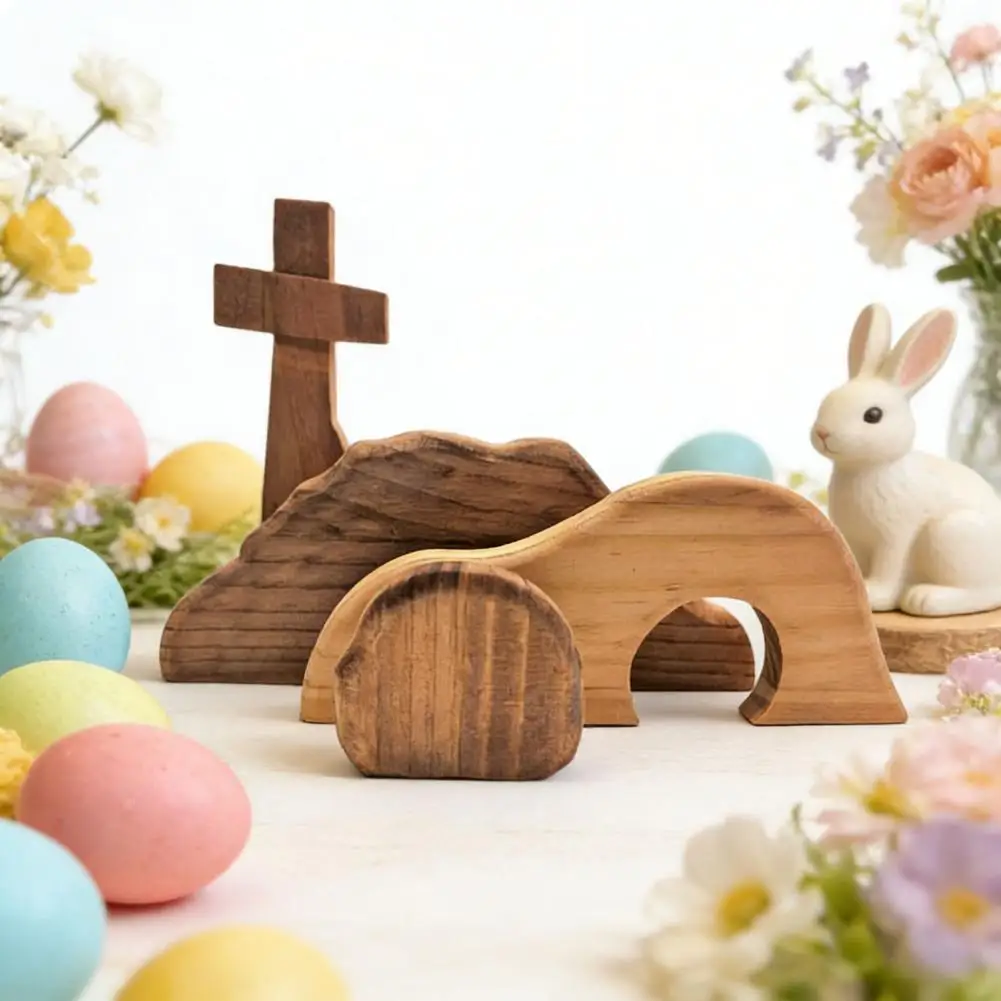 Crèche de Pâques en bois, Ornement de crèche, Tombe vide, Décoration de scène de Pâques, Ensemble de plateau de la Résurrection en bois, Tombe de Jésus, Crèche