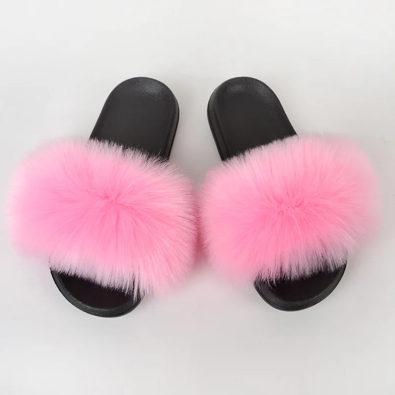 Children Slides Faux Fox Fur Slippers Kids Fluffy Raccoon Sandals Fashion Furry Home Flat Flip Flops Baby Girls Cute Plush Shoes