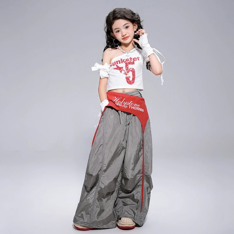 Girls Hip Hop Clothing Jazz Costume White Crop Tops Baggy Pants Set Group Kpop Music Festival Stage Performance Suit Rave Wear