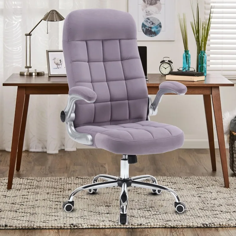 Office Chair Purple, Velvet Executive Desk Chair with Flip-Up Arms, Ergonomic Office Chairs with Lumbar Support