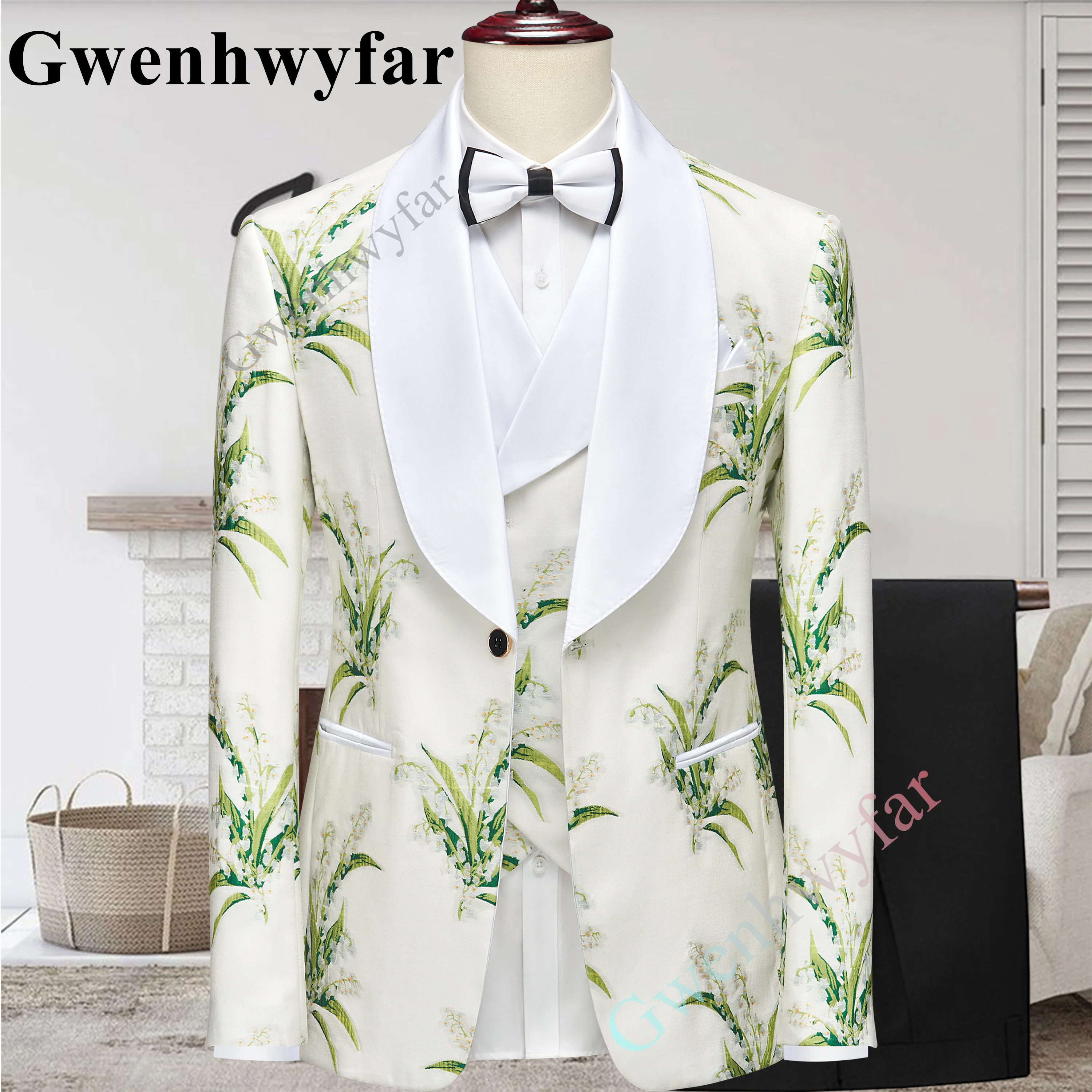 

Gwenhwyfar 2023 New Orchid Pattern Fabric New Arrival Male Suit Slim Fit 3Pcs Shawl Lapel Elegant Classic Men Wedding Suit Groom