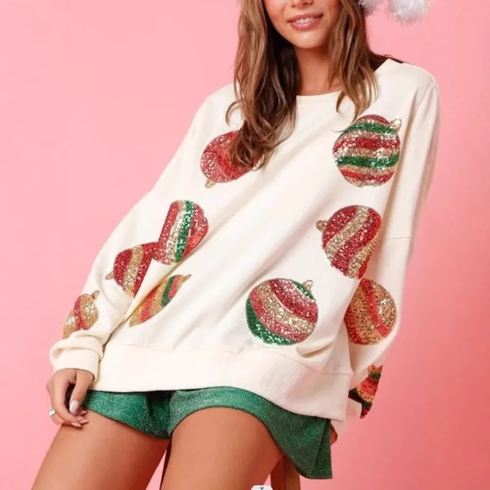 

Women’s Christmas Sweatshirts Sparkle Sequin Ball Print Long Sleeve Crew Neck Pullovers Tops Y2k Hoodie Streetwear women