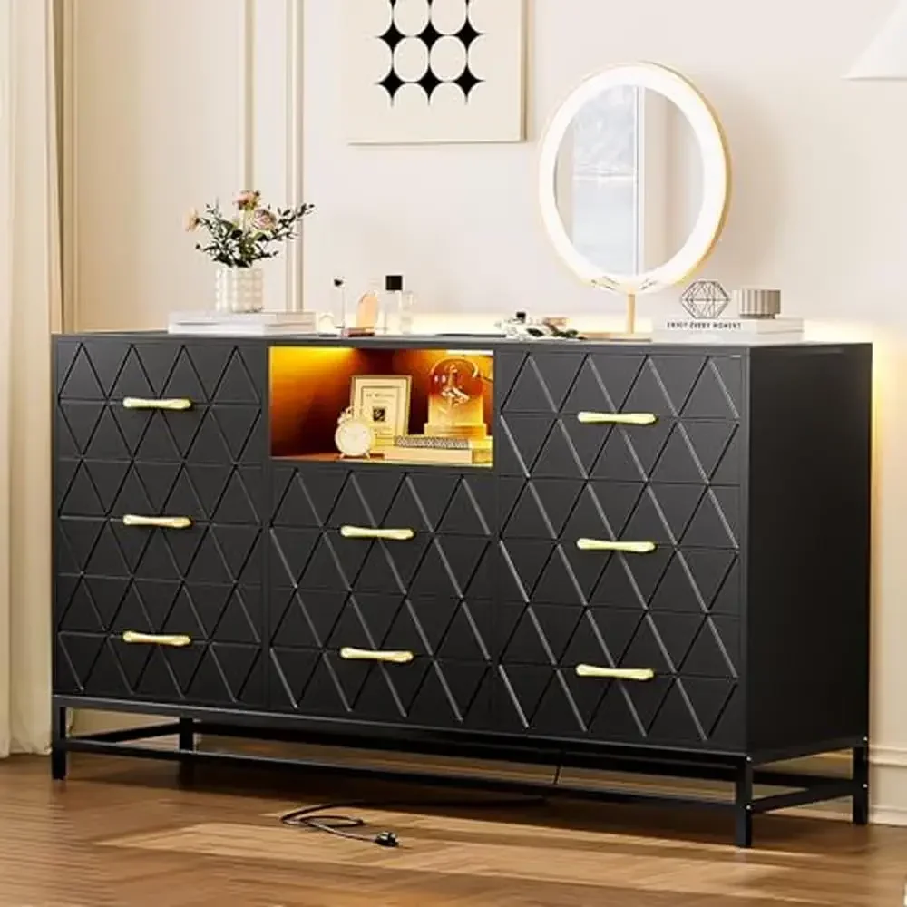 Wooden 8-Drawer Long Dresser with Power Outlet & LED Lights Modern Black TV Stand Dresser Bedroom Chest of Drawers Clothes &