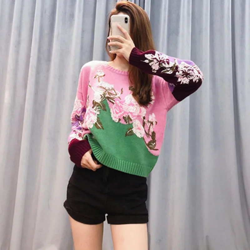 Ladies Autumn Traditional Chinese Style Flower Embroidered Sweater Retro Trend Fashion Long Sleeve Tee Shirt Hanfu Top Tang Outf