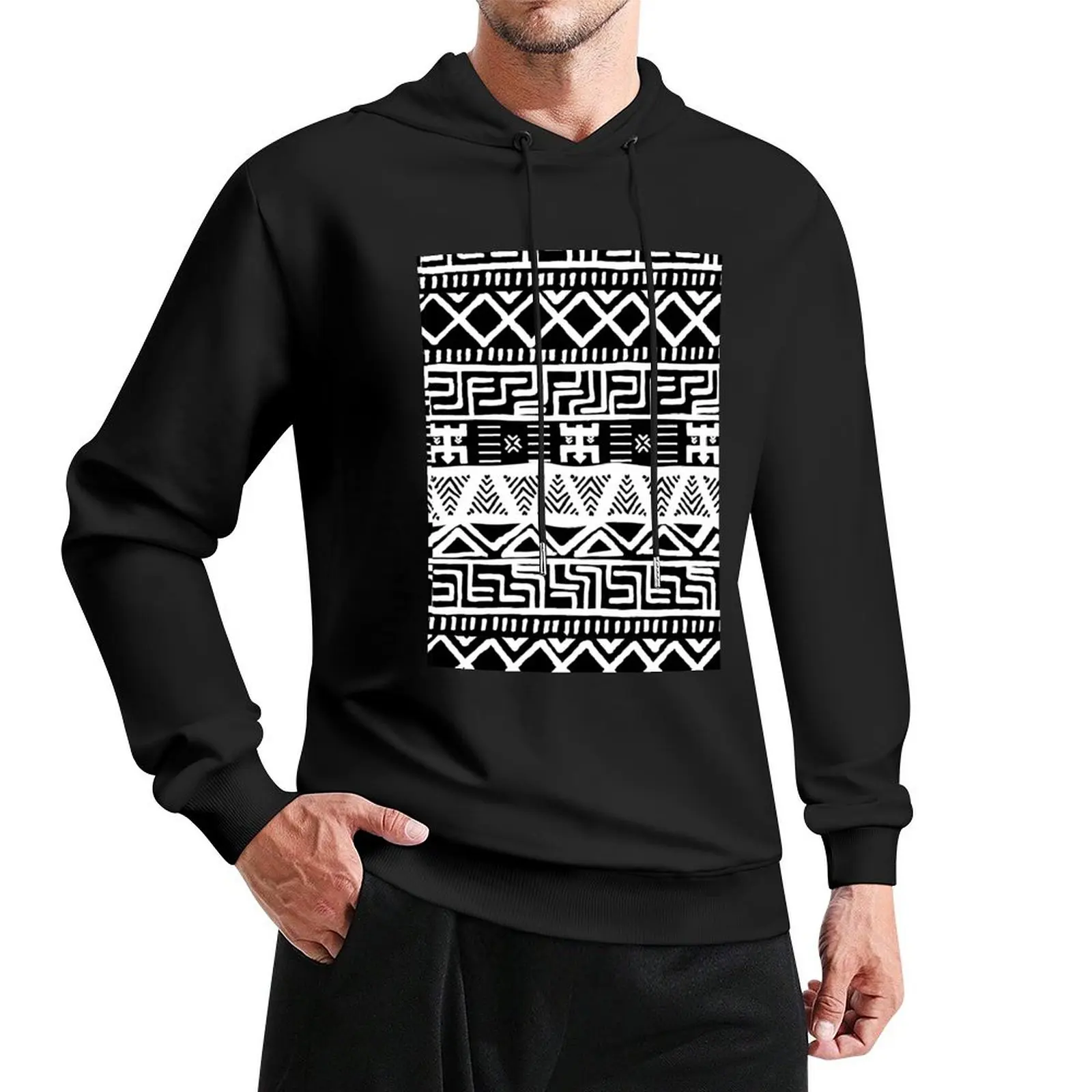 

Black and White African Bogolan Pattern Pullover Hoodie men's clothing hoodie