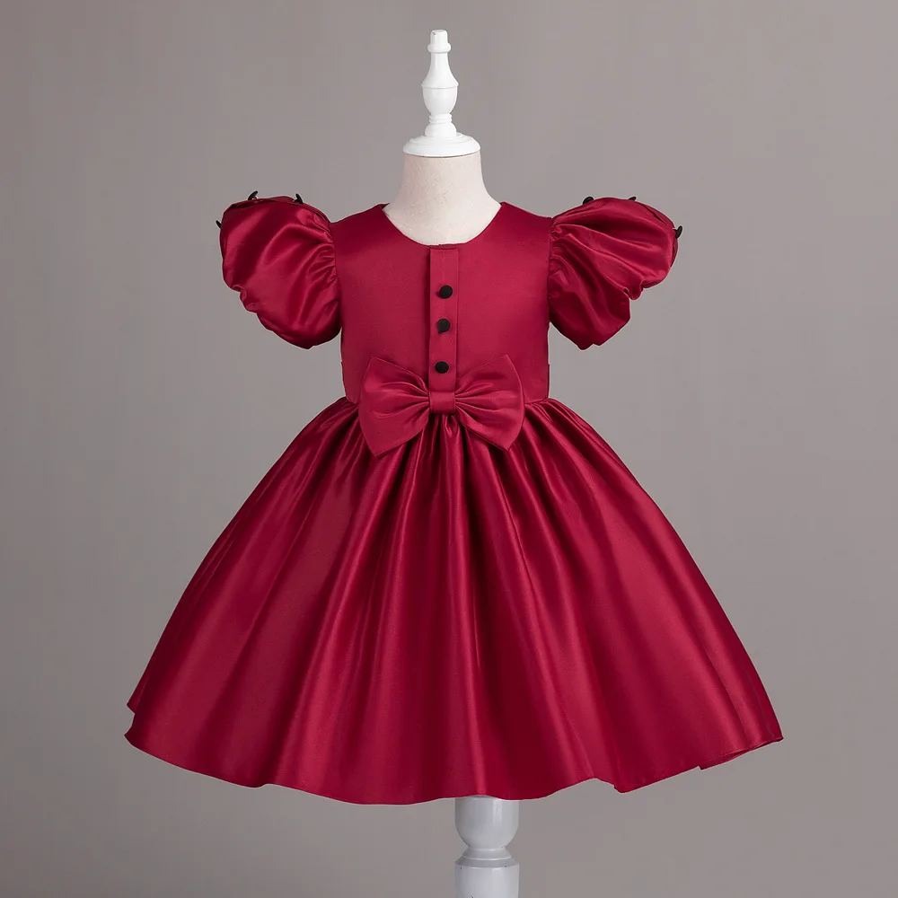 HETISO Baby Girls Dress Solid Kids Party Princess Satin Dresses Short Sleeve Button Festive Graduation Birthday Ball Gown