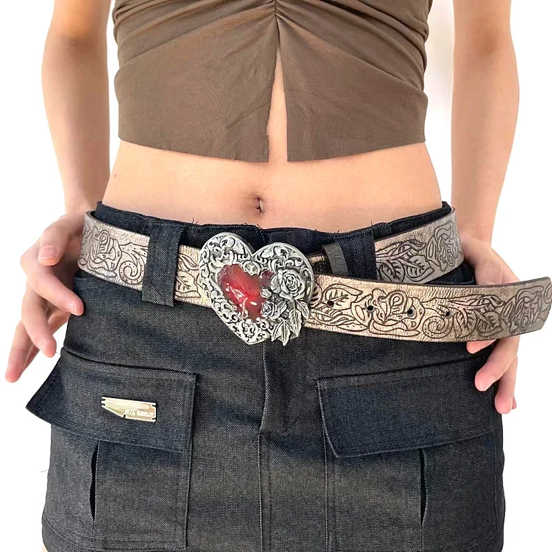 

Y2K Spicy Girl Leather Belt Retro Embossed Love Belt for Women Men Studded Belt for Dress Jeans Ceinture Femme Punk Waistband